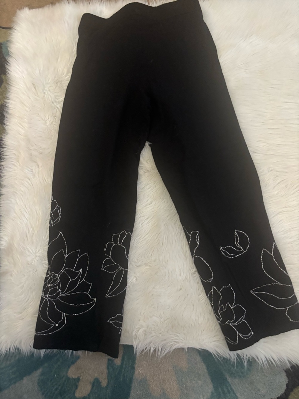 Chico's Black Wide-Leg Track Pants with White Floral Stitching